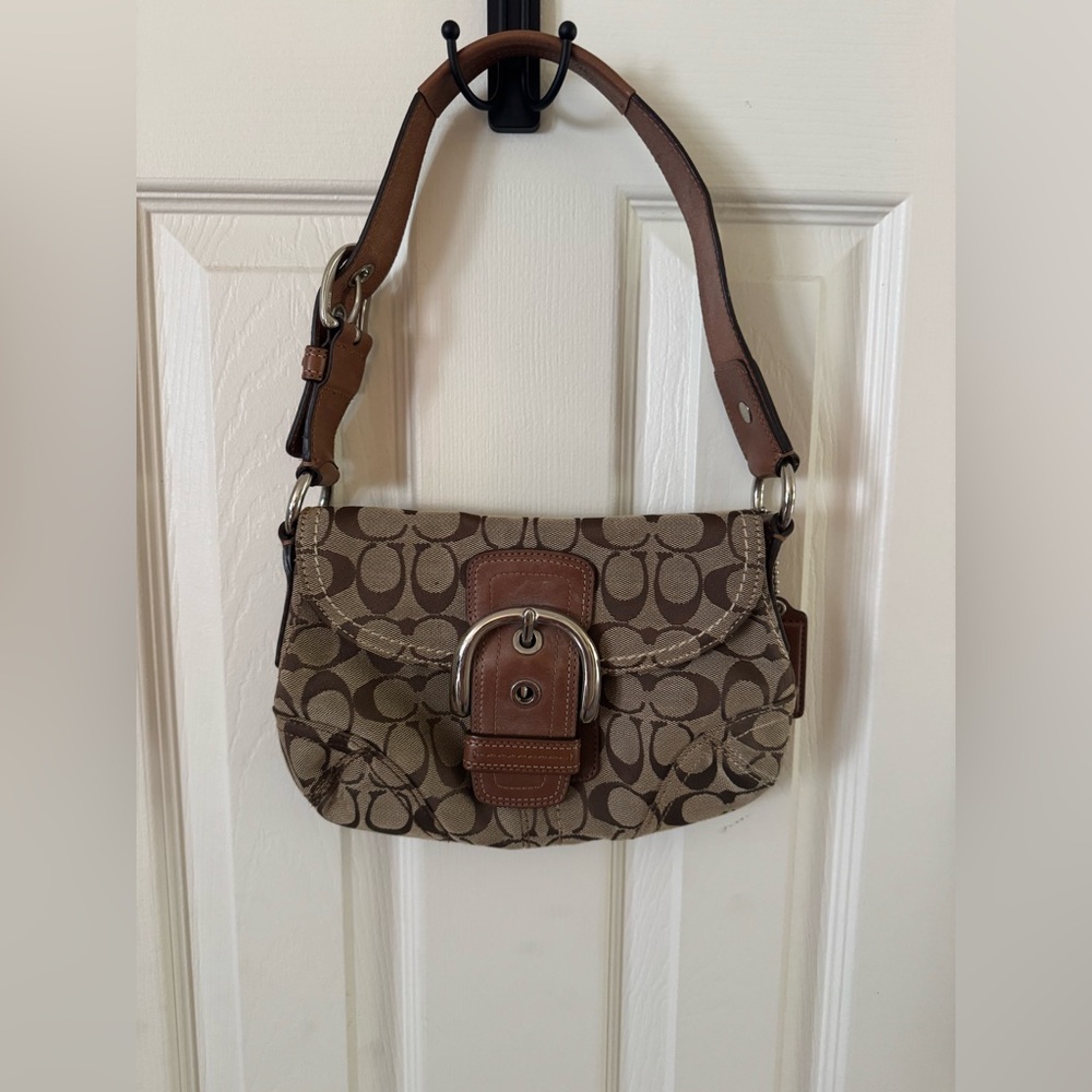 Coach Signature Canvas Soho Buckle Flap Shoulder Bag Brown Tan